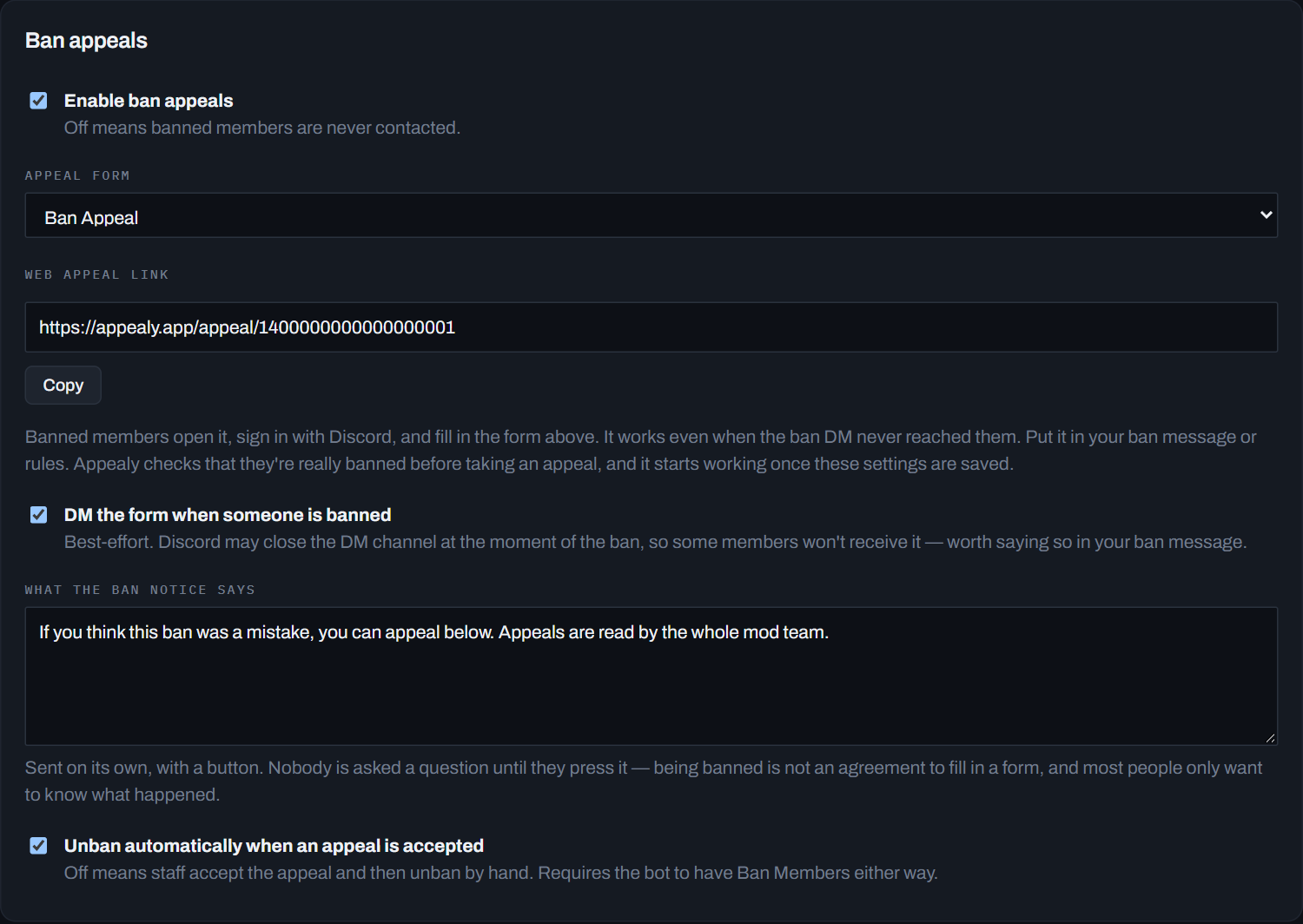 The Ban appeals section: Enable ban appeals, Appeal form, the Web appeal link with its Copy button, and the ban DM settings