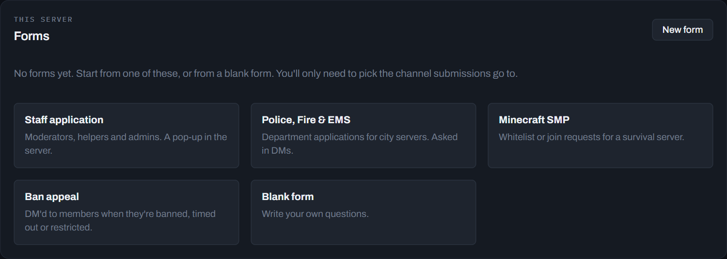 The form templates: Staff application, Police, Fire & EMS, Minecraft SMP, Ban appeal and Blank form
