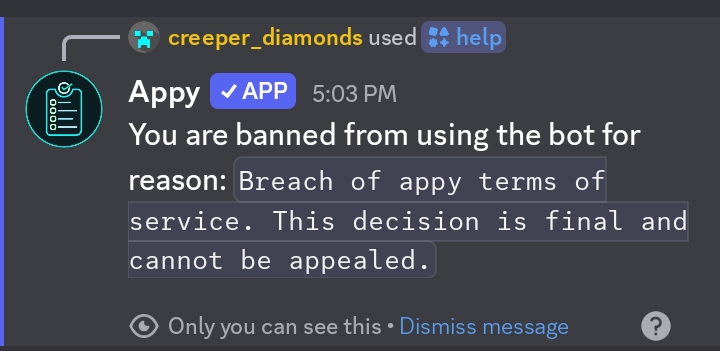 A verified Discord bot replying to a slash command: &ldquo;You are banned from using the bot. This decision is final and cannot be appealed.&rdquo;